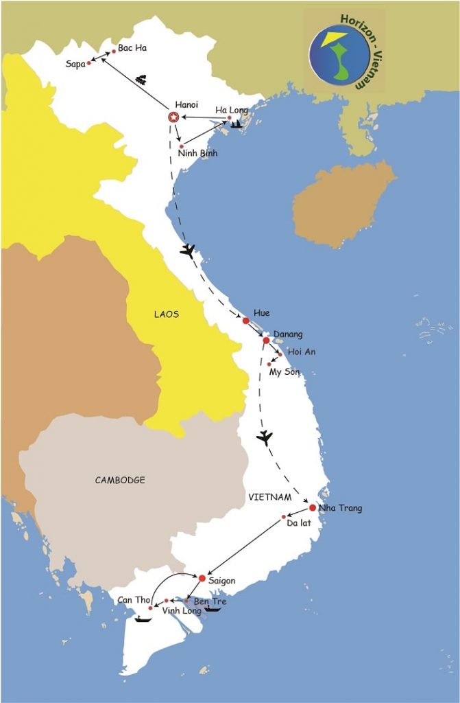Carte pour circuit du Nord au sud Vietnam 15 jours